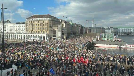 Die Demonstration gegen die Angriffe auf die Ukraine am 05.03.2022 am Jungfernstieg von oben.  Foto: Ingmar Schmidt
