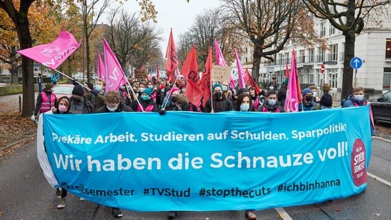 Demonstranten halten ein Transparent mit der Aufschrift "Prekäre Arbeit, Studieren auf Schulden, Sparpolitik? Wir haben die Schnauze voll!". Ein Bündnis aus 25 Organisationen rief zu einem hochschulübergreifenden Aktionstag unter dem Motto #Stopthecuts: Mehr statt weniger! auf. © Georg Wendt 