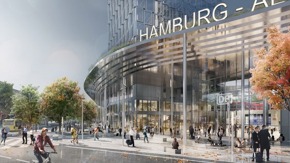 Eine Visualisierung zeigt die Pläne für den Vorplatz mit Bahnhofshalle und einem der Türme auf der Ostseite des neuen Regional- und Fernbahnhofs Hamburg-Altona. © C.F. Møller Architects 