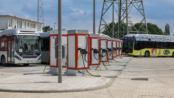 E-Busse der Verkehrsbetriebe Hamburg-Holstein GmbH (VHH) stehen auf dem Betriebshof. © picture alliance Foto: Ulrich Perrey