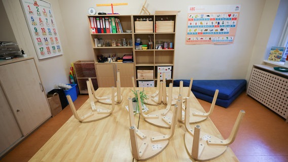 Hocker stehen hochgestellt auf einem Tisch in einem Gruppenraum in der Elbkinder-Kita. © picture alliance Foto: Christian Charisius