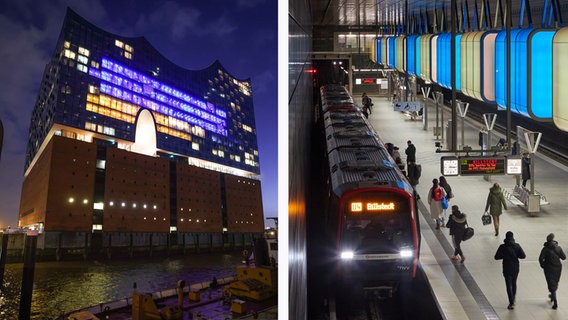 Die Elbphilharmonie und die U-Bahn-Station Hafencity Universität leuchten in den Farben der Ukraine. Die Elbphilharmonie und die U-Bahn-Station Hafencity Universität leuchten in den Farben der Ukraine. © picture alliance/dpa Foto: Christian Charisius & Georg Wendt