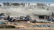 Ein Tsunami rollt auf Häuser in Japan zu. © dpa 