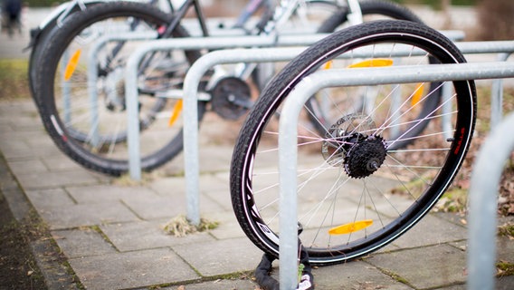 Ein zurückgelassenes Hinterrad von einem Fahrrad steht nach einem Fahrraddiebstahl an einem Fahrradständer. © picture alliance / Martin Gerten/dpa Foto: Martin Gerten