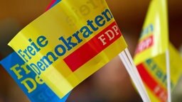 Fähnchen mit dem FDP-Logo stehen auf einem Tisch. © picture alliance / dpa Foto: Daniel Karmann