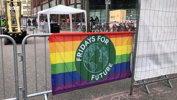 AktivistInnen von den Fridays for Future protestieren mit einem großen "Wir alle für 1,5 Grad"-Schriftzug auf der Hamburger Mönckebergstraße. © NDR Foto: Finn Kessler
