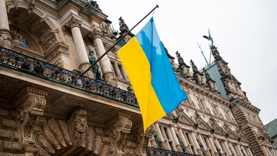 Die ukrainische Flagge hängt am Hamburger Rathaus. © picture alliance / dpa Foto: Daniel Bockwoldt