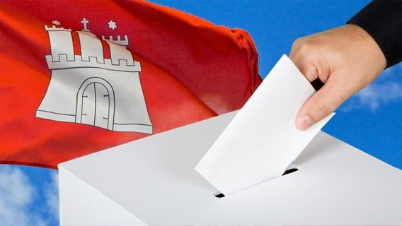Wahlurne mit Hand und Stimmzettel vor Flagge Hamburgs © iStockphoto  // fotolia.com Foto: ericsphotography // JWS