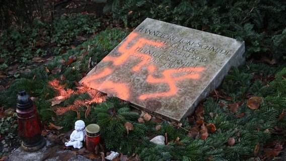 Das Grab von Helmudt Schmidt mit Hakenkreuzen beschmiert. © TV Newskontor / DSLR News 