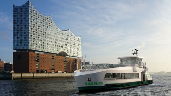 Die Computer-Visualisierung zeigt eine neue HADAG-Fähre im Hamburger Hafen vor der Elbphilharmonie. © HADAG 
