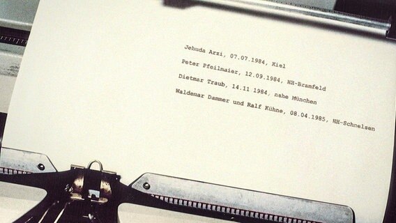 Auf einem Blatt in einer Schreibmaschine stehen die Namen der Opfer von Werner Pinzner. © Polizeimuseum/NDR 