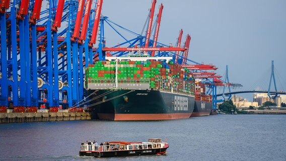 Das Containerschiff "Ever Gifted§ der Reederei Evergreen liegt am Containerterminal Burchardkai im Hamburger Hafen. © picture alliance / Rupert Oberhäuser Foto: Rupert Oberhäuser