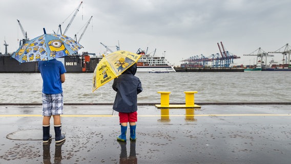 Zwei Jungs stehen mit bunten Regenschirmen im Hamburger Hafen. © dpa Foto: Ulrich Perrey