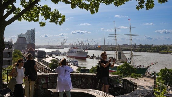 Touristen genießen vom Stintfang aus die Aussicht auf den Hamburger Hafen. © dpa Foto: Ulrich Perrey