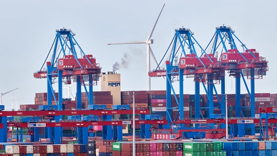 Kräne, Container und ein Windrad sind im Hamburger Hafen zu sehen. © dpa Foto: Georg Wendt