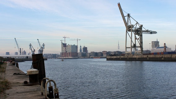 Blick vom historischen Teil des Hamburger Hafens auf dem Kleinen Grasbrook Richtung Hafencity und zur Elbphilharmonie. © NDR Foto: Daniel Sprenger