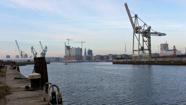 Blick vom historischen Teil des Hamburger Hafens auf dem Kleinen Grasbrook Richtung Hafencity und zur Elbphilharmonie. © NDR Fotograf: Daniel Sprenger