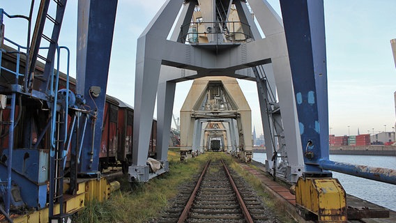 Schienen verlaufen unter Kränen im historischen Teil des Hamburger Hafens auf dem Kleinen Grasbrook. © NDR Foto: Daniel Sprenger