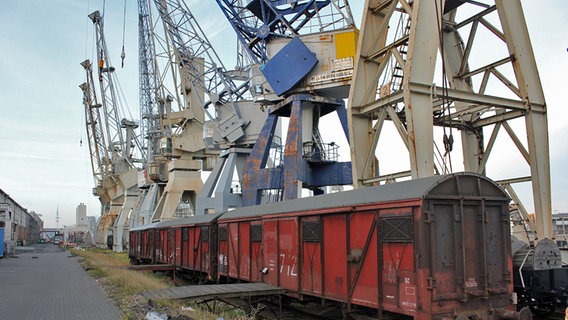 Güterzugwaggons stehen vor Kränen im historischen Teil des Hamburger Hafens auf dem Kleinen Grasbrook. © NDR Foto: Daniel Sprenger