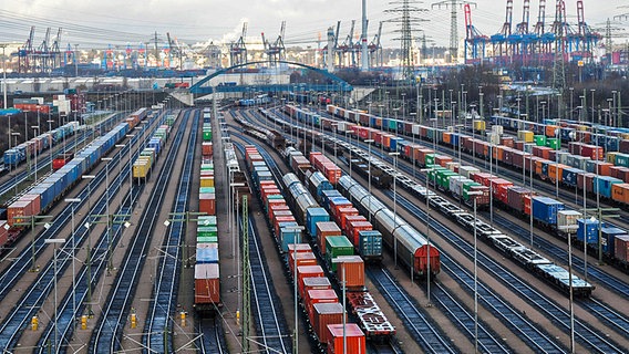 Bahn-Waggons mit Containern stehen in Hamburg im Bahnhof Alte Süderelbe auf den Gleisen. © picture alliance / dpa Foto: Angelika Warmuth