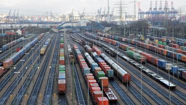 Bahn-Waggons mit Containern stehen in Hamburg im Bahnhof Alte Süderelbe auf den Gleisen. © picture alliance / dpa Foto: Angelika Warmuth