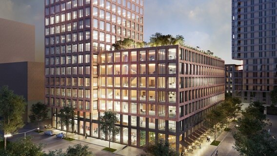 Eine Visualisierung des neuen Bürogebäudes des Waggonvermieters VTG in der Hafencity. © DC Developments 