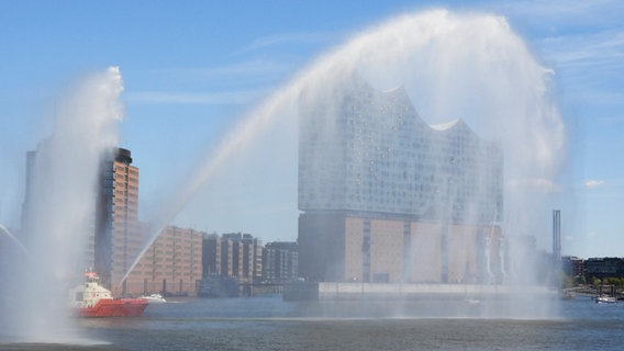 Das Feuerlöschboot "Brandirektor Westhphal" und im Hintergrund die Elbphilharmonie. © IMAGO / BREUEL-BILD Foto: Breuel-Bild