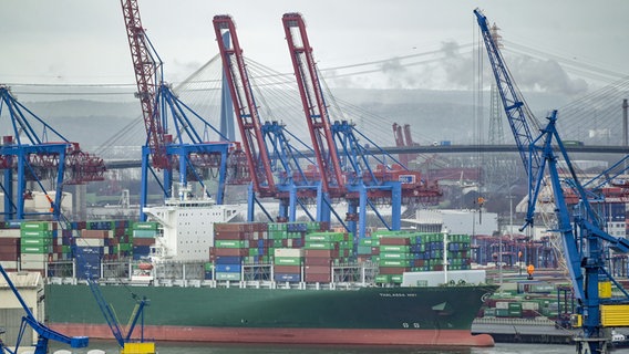 Ein Containerschiff wird im Hamburger Hafen abgefertigt. © picture alliance/Axel Heimken/dpa Foto: Axel Heimken