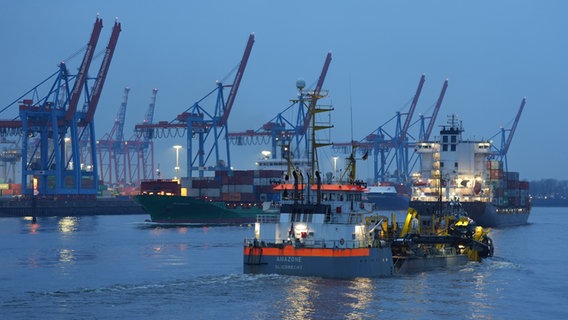 Containerschiffe fahren auf der Elbe im Hamburger Hafen. © picture alliance/dpa Foto: Marcus Brandt