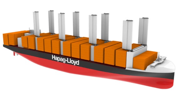Eine Visualierung zeigt ein Containerschiff von Hapag-Lloyd mit Segeln. © Hapag-Lloyd 