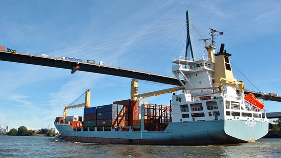 Das Feederschiff "Herm Kiepe" unter der Köhlbrandbrücke © Hamburg Hafen Marketing Foto: HHM