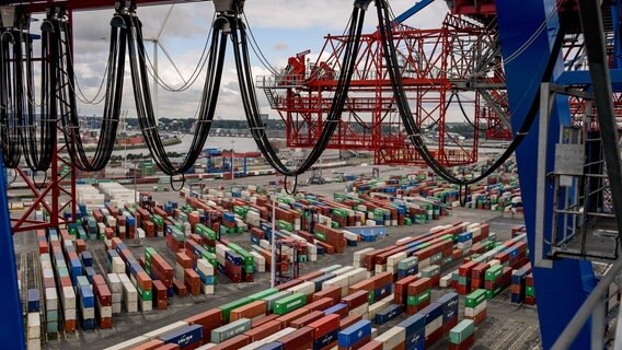 Container liegen zur Abfertigung am Containerterminal im Hamburger Hafen. © picture alliance/ dpa Foto: Axel Heimken