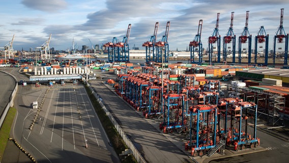 Blick über den Container Terminal Tollerort (CTT) der Hamburg Hafen und Logistik AG (HHLA). © picture-alliance / dpa Foto: Christian Charisius