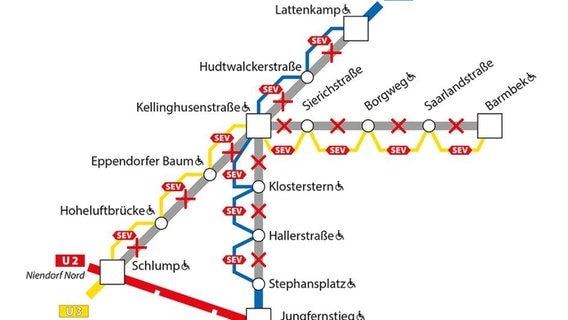 Sperrungen der U1 und U3 in Hamburg. © Hamburger Hochbahn Foto: Screenshot
