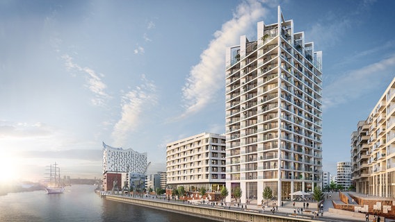 Eine Visualisierung zeigt ein geplantes Mehrfamilienhaus in der Hafencity in Hamburg. © DC Developments 