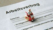 Figur einer Rollstuhlfahrerin auf einem Arbeitsvertrag. © imago/Steinach 