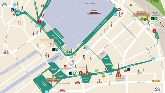 Eine Karte zeigt die Veranstaltungsflächen am Tag der Deutschen Einheit 2023 in Hamburgs Innenstadt. © Freie und Hansestadt Hamburg 