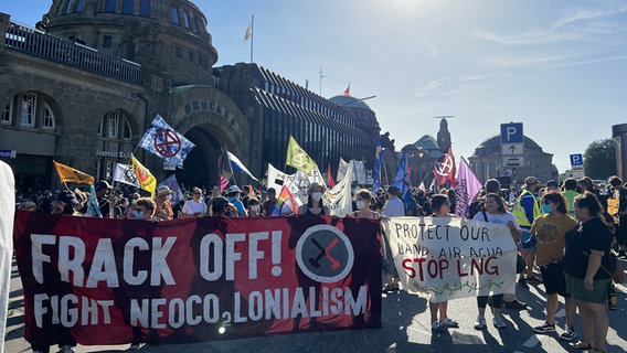 Klima-Aktivisten demonstrieren an den Hamburger Landungsbrücken. © NDR Foto: Finn Kessler