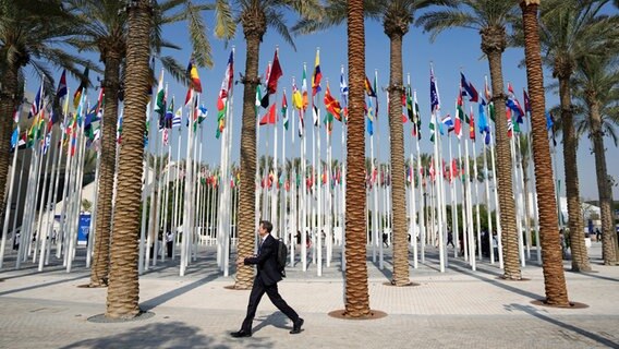Eine Person geht über das Gelände der Klimakonferenz in Dubai. © Peter Dejong/AP/dpa 