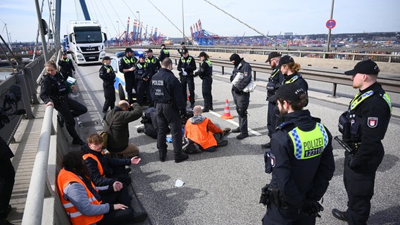 Klimaaktivisten und Polizisten auf der Köhlbrandbrücke. © Jonas Walzberg/dpa 
