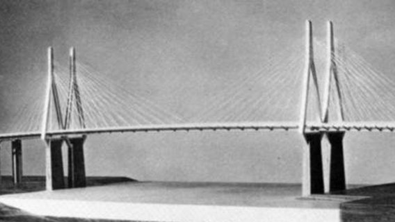 Ursprüngliche Pläne für eine Zwillings-Köhlbrandbrücke im Hamburger Hafen sahen so aus. © Frank Hoffmann /Staatsarchiv 