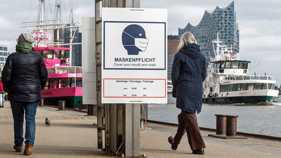 Ein Hinweisschild mit der Aufschrift "Maskenpflicht" hängt auf den Landungsbrücken an der Elbe. © picture alliance / dpa Foto: Markus Scholz