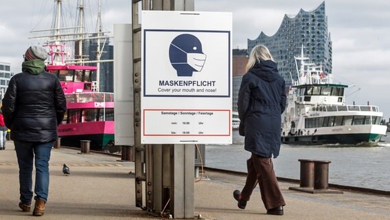 Ein Hinweisschild mit der Aufschrift "Maskenpflicht" hängt auf den Landungsbrücken an der Elbe. © picture alliance / dpa Foto: Markus Scholz