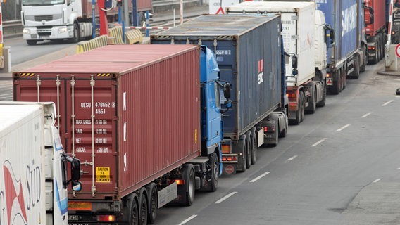 Lastwagen stauen sich im Hamburger Hafen. © picture alliance / Caro | Muhs 