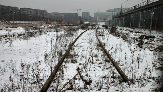 Ein von Gitterzäunen gerahmtes Stück Gleis neben der modernen Bahntrasse in der Hafencity. © NDR Foto: Daniel Sprenger