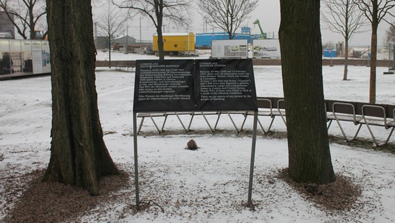 Eine Gedenktafel steht zwischen zwei Bäumen am Vorplatz des früheren Hannoverschen Bahnhofs. © NDR Foto: Daniel Sprenger