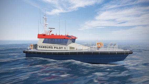 Eine Visualisierung zeigt das neue Lotsenversetzschiff "Hamburg Pilot 1". © Hamburg Port Authority 