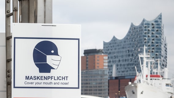 Ein Maskenpflicht-Schild am Hamburger Hafen. © picture alliance/dpa Foto: Markus Scholz