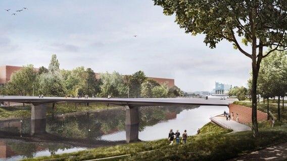 Eine Visualisierung zeigt den Siegerentwurf Moldauhafenbrücke. © Schüßler-Plan Ingenieurgesellschaft mbH mit DKFS 