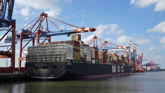 Das Containerschiff "MSC Irene" der Reederei MSC wird am HHLA-Containerterminal Burchardkai im Hamburger Hafen abgefertigt. © picture alliance / dpa Foto: Marcus Brandt